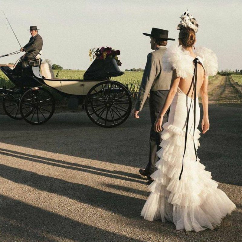 Boda flamenca en carruaje con caballos andaluces y traje tradicional de cochero español.