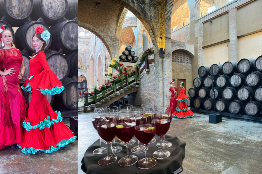Modelos con trajes de flamenco de alta costura para evento privado en Cavas Codorniu