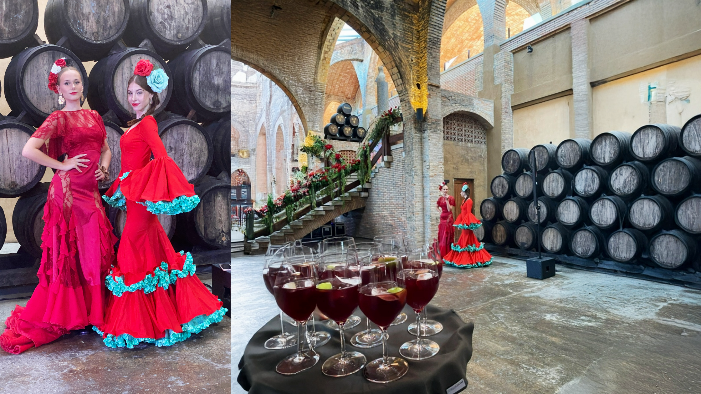 Modelos con trajes de flamenco de alta costura para evento privado en Cavas Codorniu